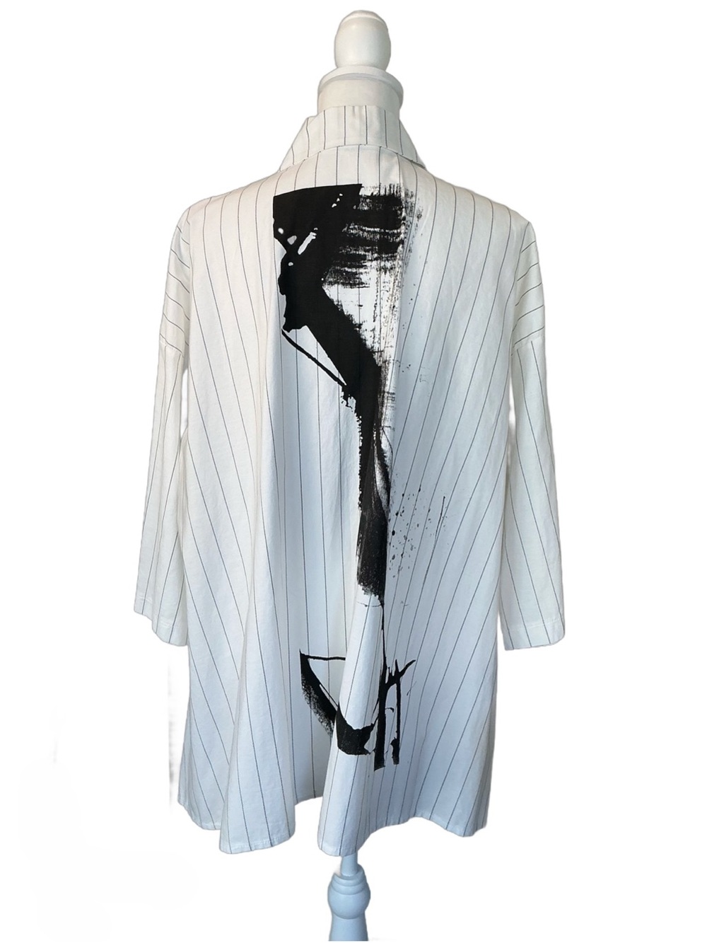 Luukaa White Button-Up Poplin Oversized Shirt Tunic Black Pinstripes & Back Art